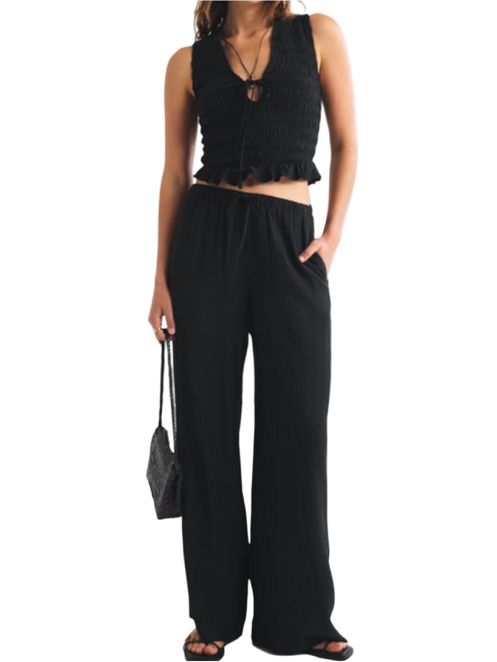 Abercrombie & Fitch Wide Leg Black Elastic-Waist Crinkle Pants Size LS EUC